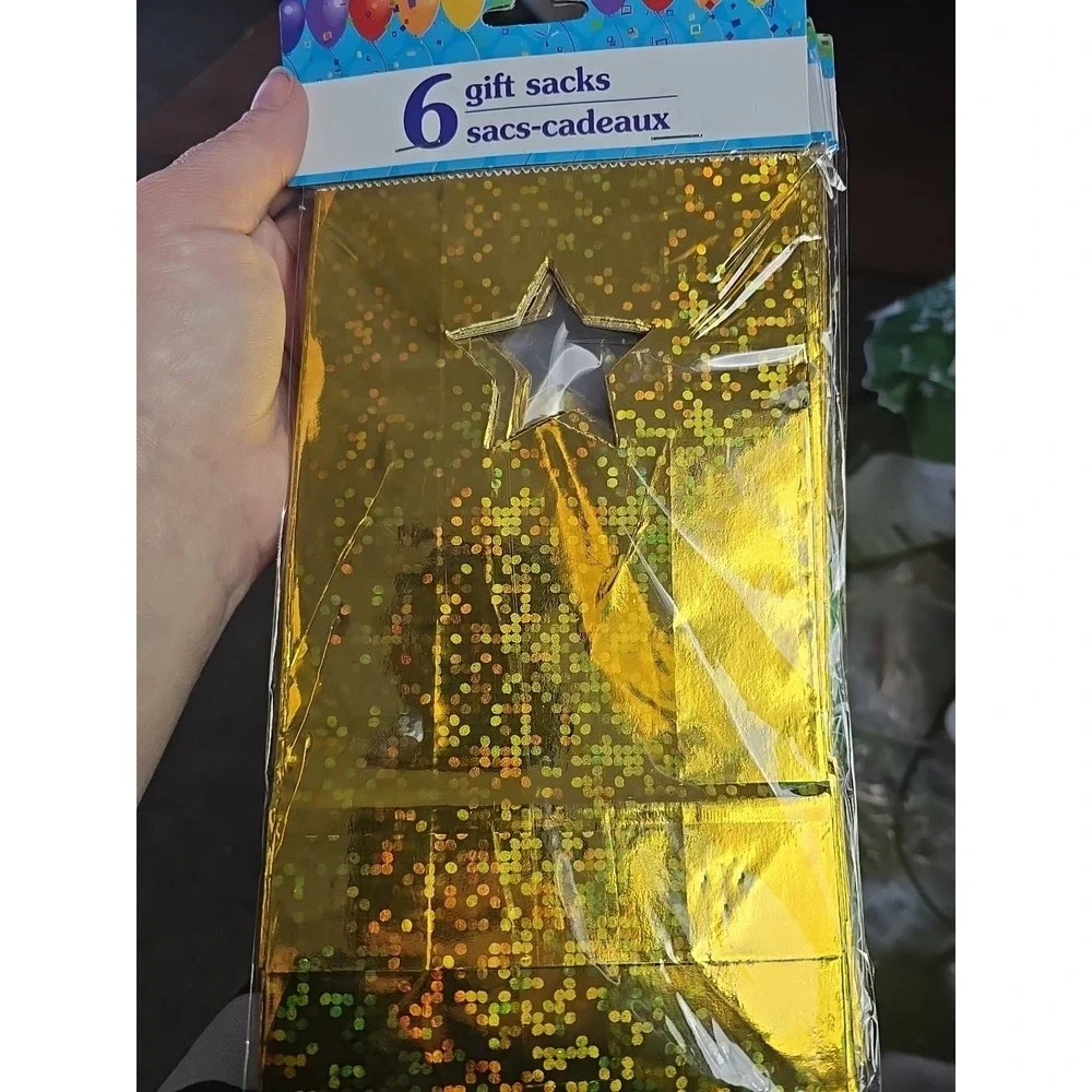Party Bags Gift Sacks w/ Star Cut Out * Shiny Gold Sparkle 6 Count Bags Lot Of 4